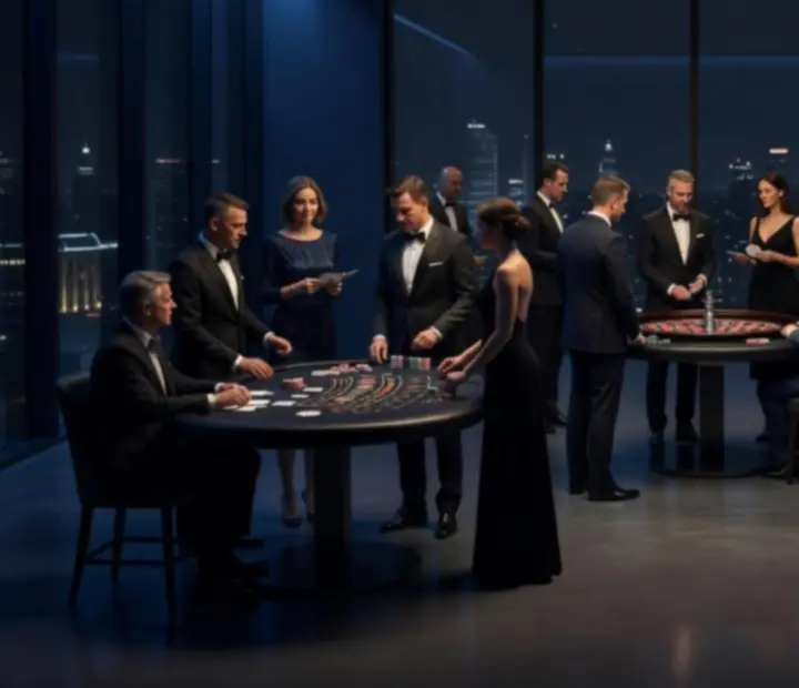 Ciemna, nastrojowa scenografia z mobilnymi stołami pokerowymi, ruletkowym kołem i elegancką oprawą świetlną