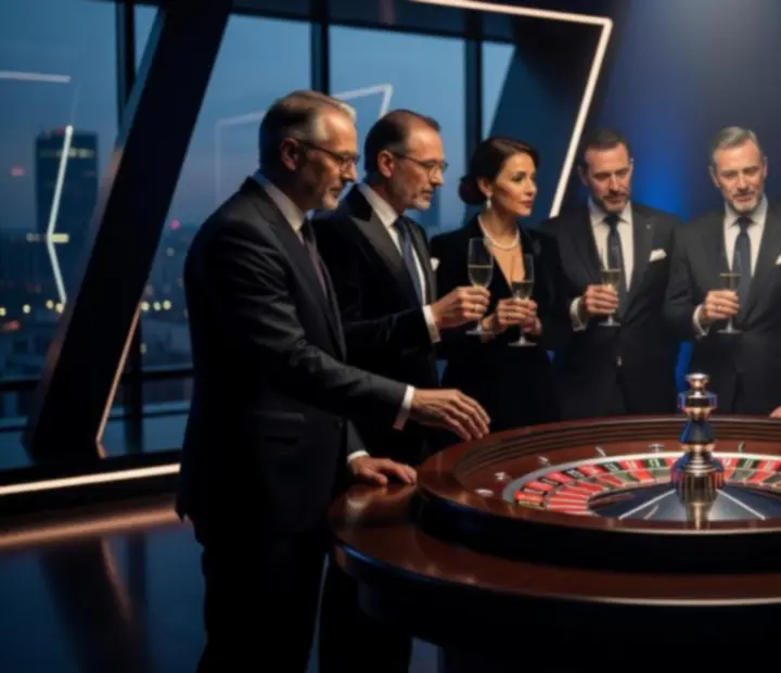 Koło ruletki w miejskiej, wieczornej scenerii z efektami świetlnymi i elegancką oprawą